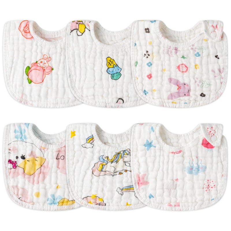 Zainpe 6Pcs Snap Muslin Cotton Baby Bibs Star Cat Rabbit Pattern Adjustable Feeding Bib Machine Washable Unisex Burp Cloths with 6 Absorbent & Soft Layers for Infant Toddler Newborn Eating Drooling - Image 1